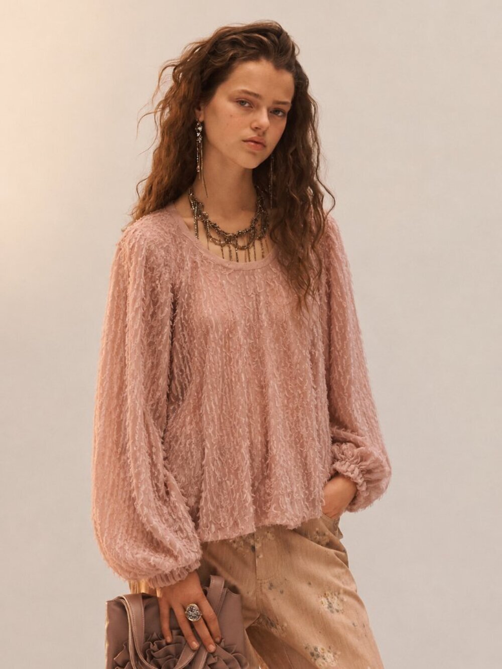 Zara Pink Textured Fringe Blouse Balloon Puff Sleeve Cropped Top Size S